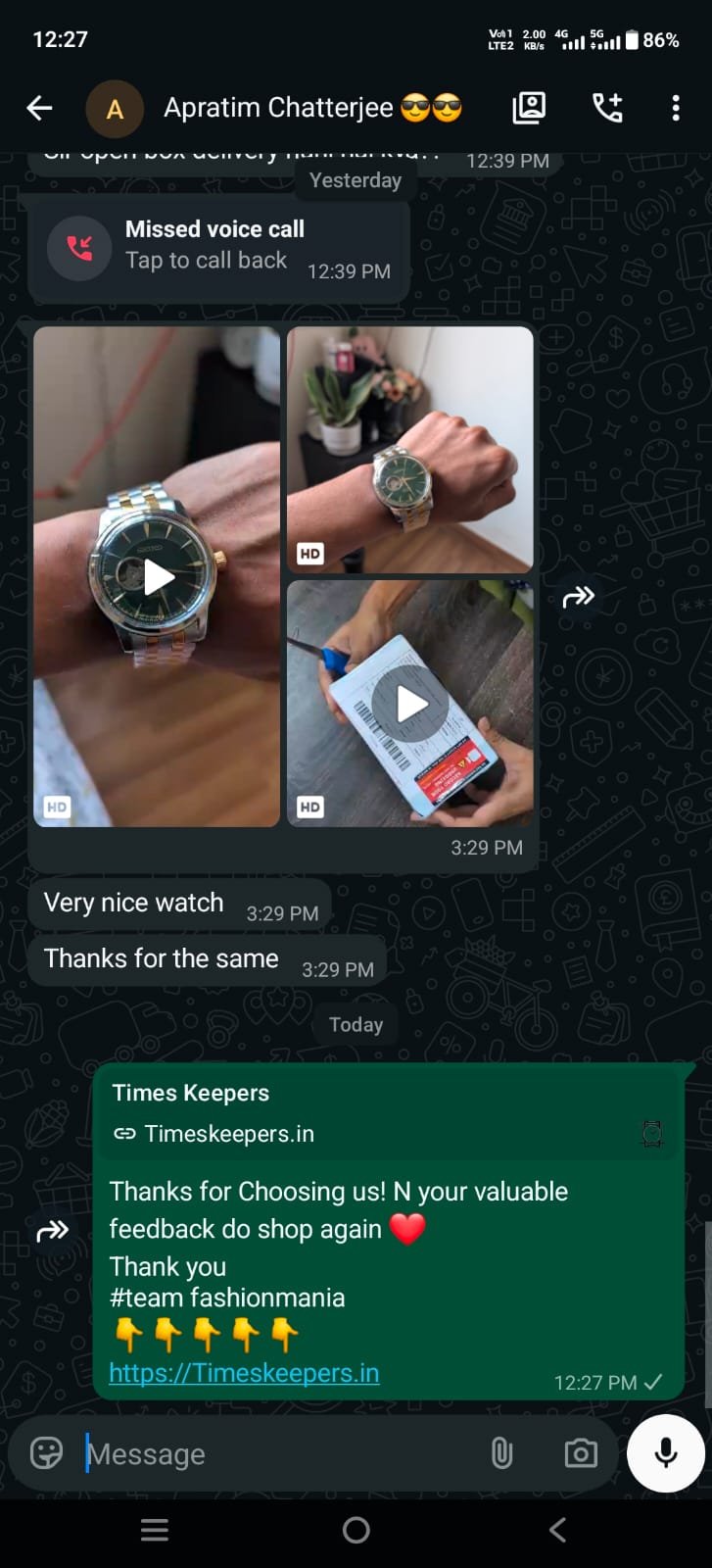 Happy customer WhatsApp chat