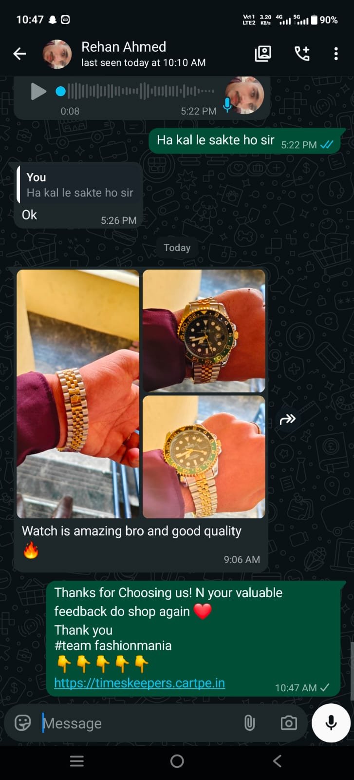 Happy customer WhatsApp chat